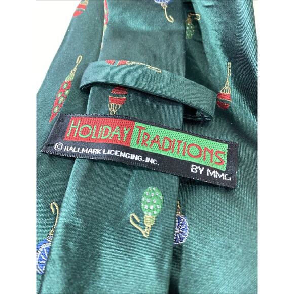 Holiday Traditions Hallmark Green With Christmas Ornaments 57” Silk Tie - Picture 2 of 3
